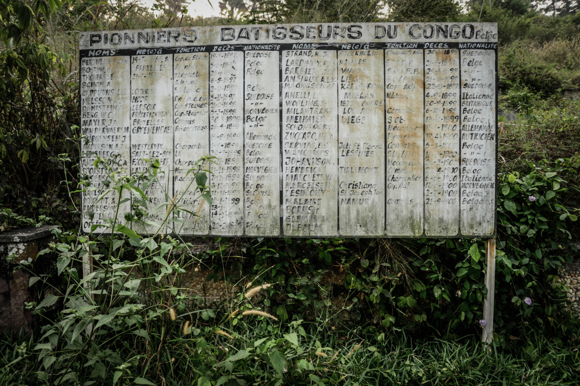 The names of Europeans and their nationalities are listed on a sign board at the Pioneers cemetery at the Parc Presidentiel, Mont Ngaliema, in Kinshasa, last week. Countless Europeans died during the pre-colonial and colonial era of Western exploration into Congo, many of them from illness and disease. Photos : Kinshasa, Democratic Republic of Congo, June 2020 © Justin Makangara for Fondation Carmignac