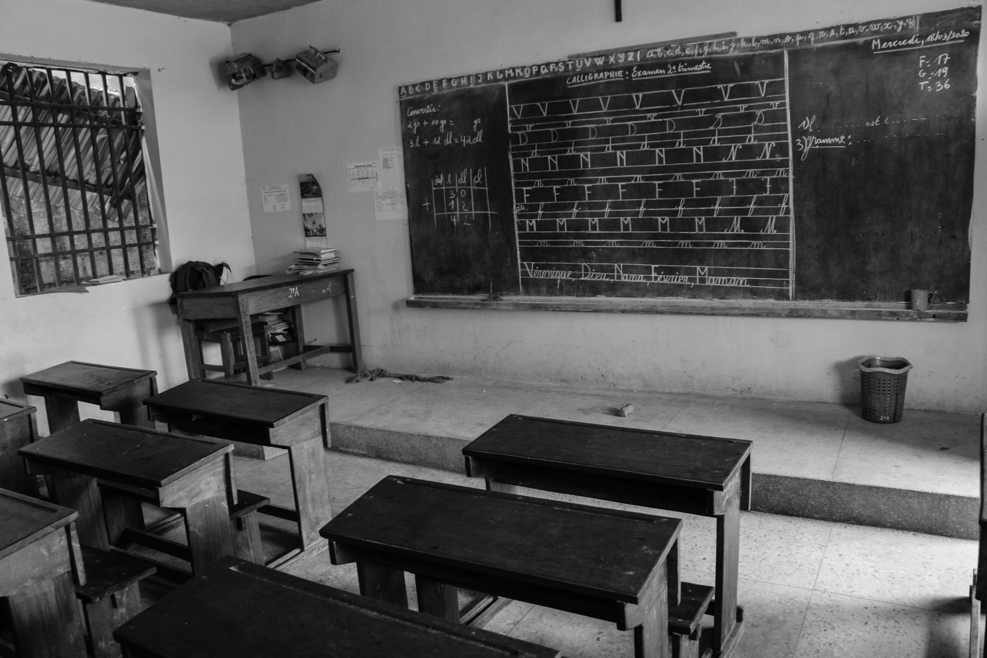 Kinshasa, mi-mars 2020. Une salle de classe vide dans la capitale. © Justin Makangara pour la Fondation Carmignac