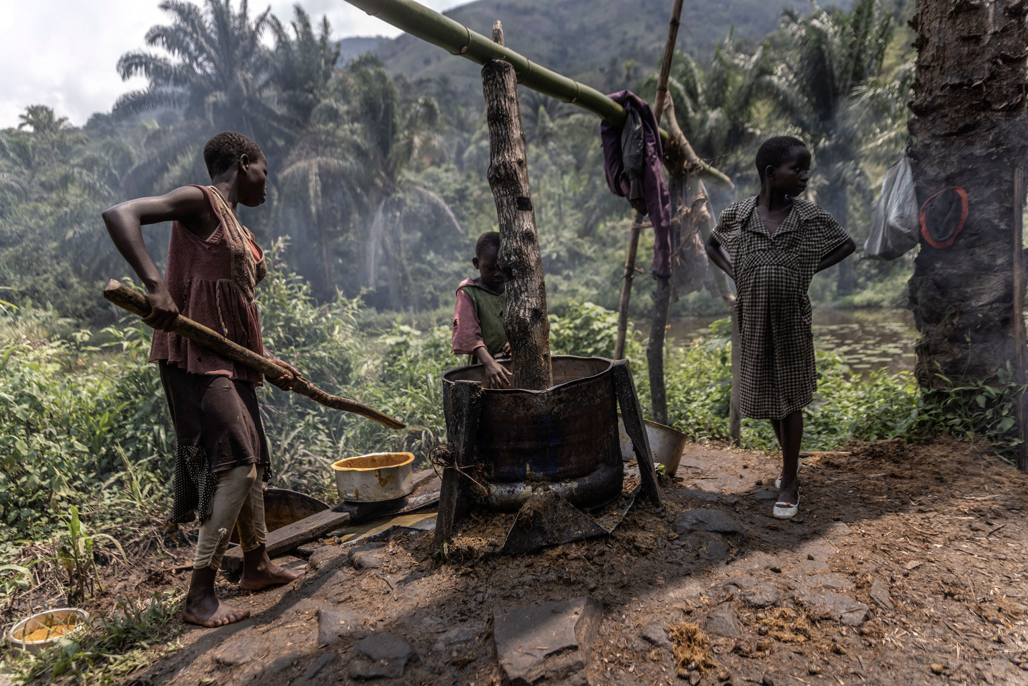 Bunyakiri, Sud-Kivu, 2 septembre 2021. Des enfants recueillent les déchets de palmes de l’huilerie artisanale. © Guerchom Ndebo pour la Fondation Carmignac.